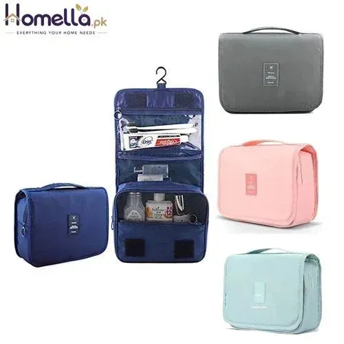 Set of travel toiletry bags in various colors with products inside on a white background