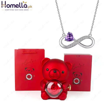 Red Heart Zircon Pendant Necklaces With Cute Bear Rose Gift Box For Women