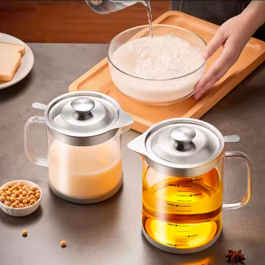 Transparent Glass Oil Filter Pot With Scale Kitchen Oil Separator & Storage Tank With Fine Mesh Strainer Grease Container