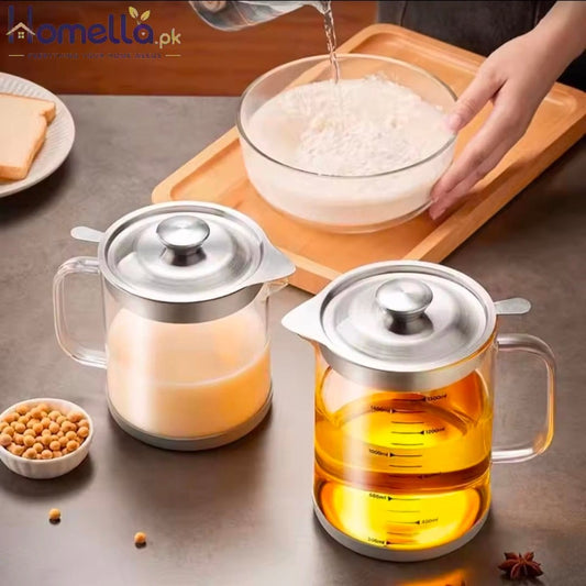 Transparent Glass Oil Filter Pot With Scale Kitchen Oil Separator & Storage Tank With Fine Mesh Strainer Grease Container
