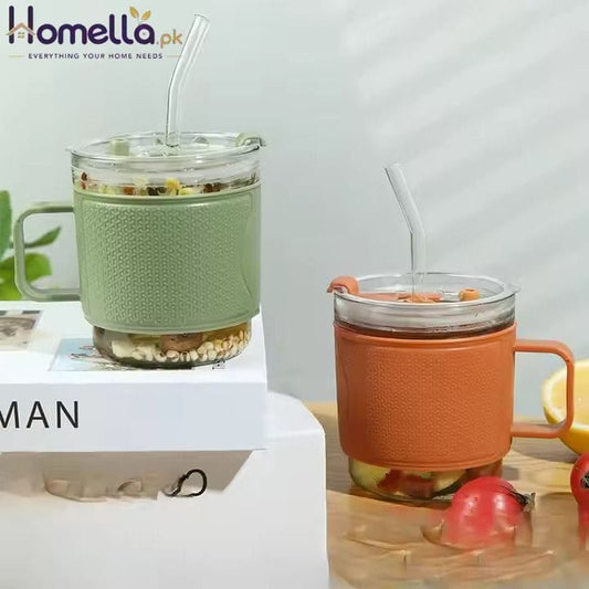 350 ml Glass Sipper Cup With Handle Lip & Straw Leak Proof