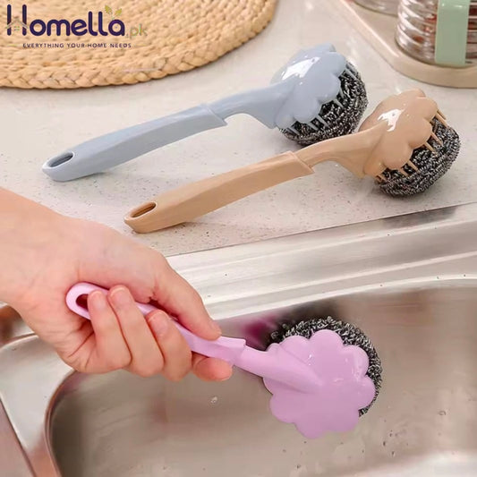 Flower Shape Steel Wire Ball Brush Long Handle Metal Scouring Pad Kitchen Bathroom Pan Pot Cleaning Coffee