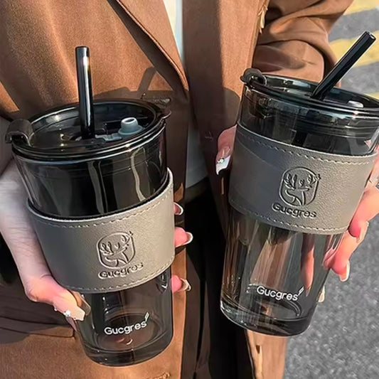 450ML High Beauty Wind Bamboo Glass Cup Summer Straw Large Capacity Women's Straw Cup