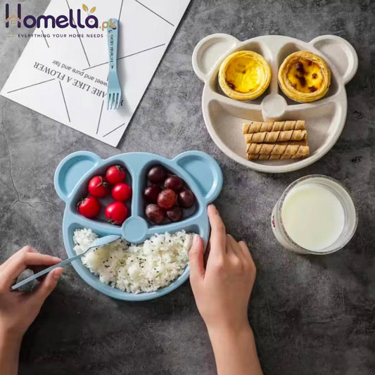 Cute bear compartment dinner plate, environmentally friendly wheat straw material, safe and anti-fall, with spoon and fork