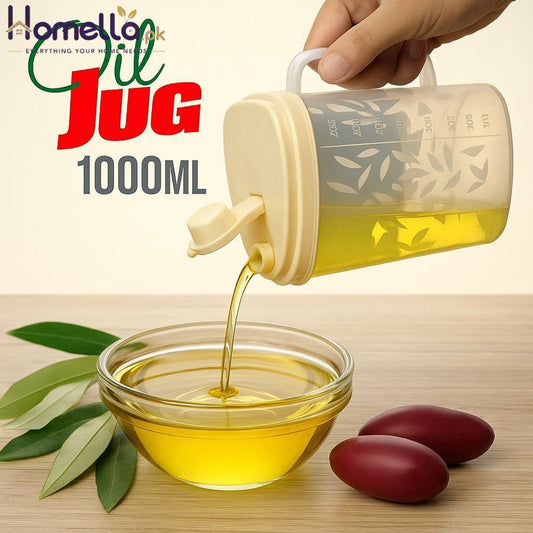 Oil Jug Plastic (1 Litre) - oil container with measuring scale - liquid container for oil, water, vinegar, sauces, honey, condensed milk, juices, milk, etc. with Lid & Handle - plastic jug - leak proof design with flexible lid- kitchen accessories