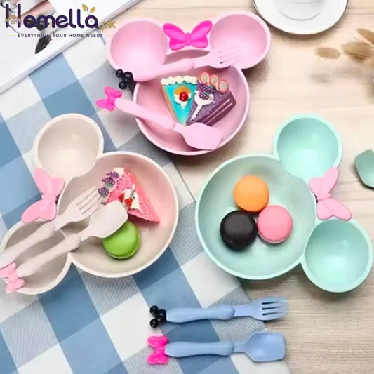 Cartoon Baby Bowl Tableware Set Wheat Straw Children's Dishes Kids Dinner Feeding Plate Bowknot Food Plate Spoon Fork