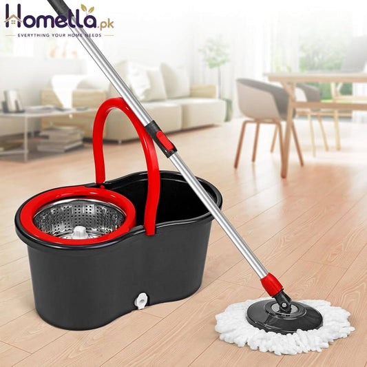 Spinning Mop And Bucket Set Floor Cleaning Wet & Dry Rotating Cleaning Mop with 2 Microfibre Mop Heads Drain and Extendable Handle for Home Office (Spin Mop + Bucket + 2 Mop Heads Set)
