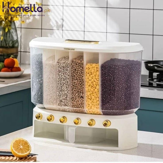 Sealed Rice Storage Box 10L 6 Grid Cereal Grain Container Dry Food Dispenser Grain Storage Jar Bucket Home Kitchen Storage Tools