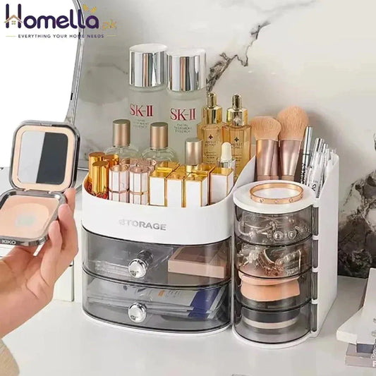 360 Degree Rotating Makeup Brushes Organizer Desk Organizer Cosmetic Storage Box with Drawers Large Capacity Storage Basket