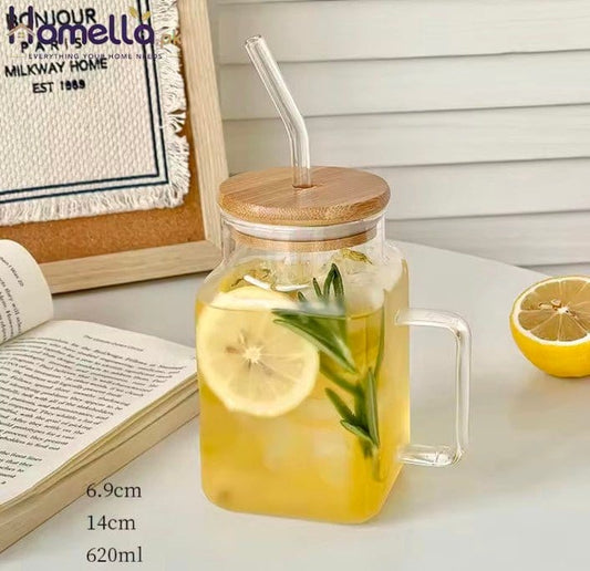 Cute Glass Cup With Bamboo Lip Strew for Coffee Water Milk Tea Juice Portable Glass Bottle Girl Large Drinking Bottle Gift 620ml