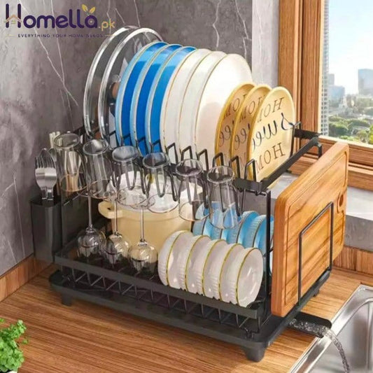 Rust -proof Metal Dish Drainer With Cup Holder Cutlery and Cutting Board Slots -2 Tier Kitchen Countertop Plates Bowls Organizer