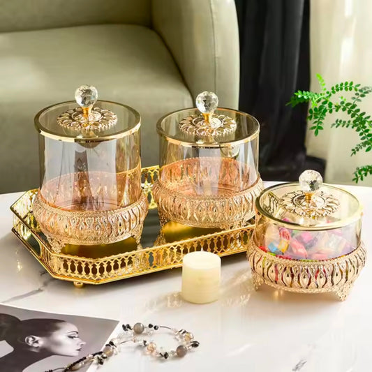 Modern Light Luxury Metal & Glass Candy Jar-Decorative Storage Tank for Living Room Creative Home Decoration With American St