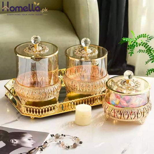 Modern Light Luxury Metal & Glass Candy Jar-Decorative Storage Tank for Living Room Creative Home Decoration With American St