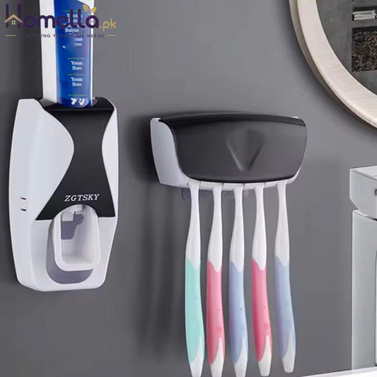2PCS Automatic Toothpaste Dispenser Wall Mount Dust-proof Toothbrush Holder Wall Mount Bathroom Accessories Set Squeezer