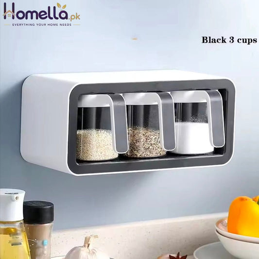 Wall Mount Spice Rack Organizer Sugar Bowl, Salt Shaker Seasoning Container Spice Boxes with Spoons Kitchen Supplies Storage Set