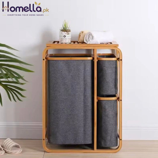 Bamboo Laundry Basket with 3 Collapsible Pull-Out Bags Storage Organizer Laundry Hamper for Bedroom Bathroom Laundry Room