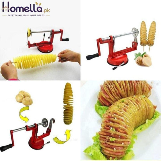 Collage of potato peeler with spiralized potatoes and finished dish.