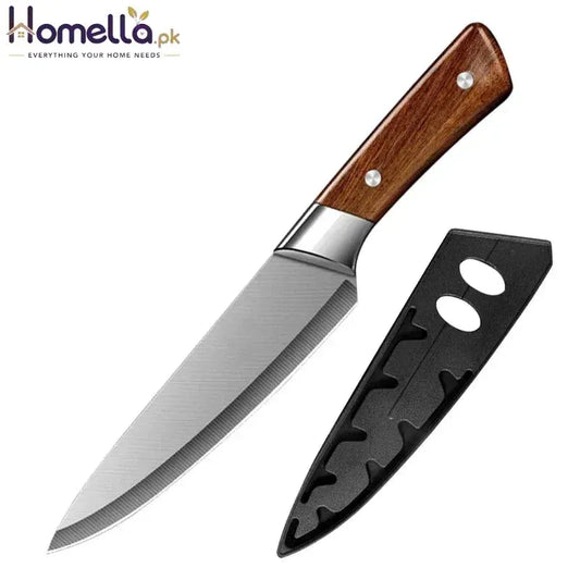 Knife with wooden handle and black sheath on a white background